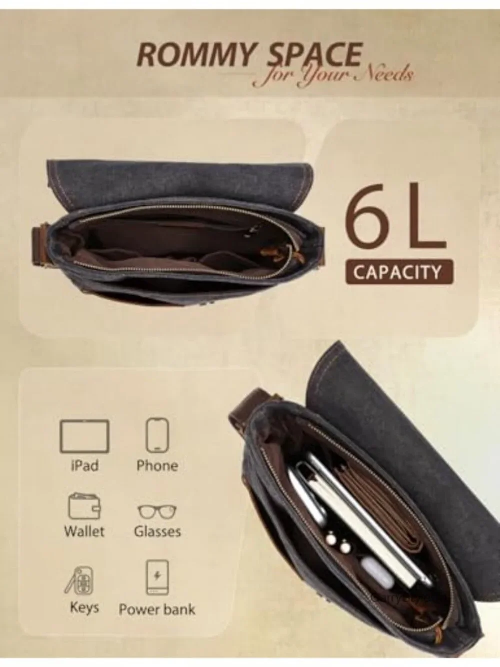 Genuine Leather Canvas Messenger Bag Crossbody Anti-Theft Shoulder Purse